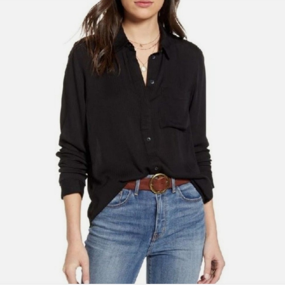 Treasure & Bond Womens Classic Black Long Sleeve Button Down Top, Size XXS